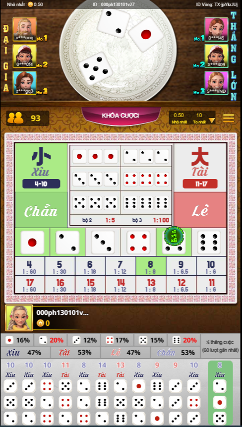 Sảnh cá cược trong game tài xỉu